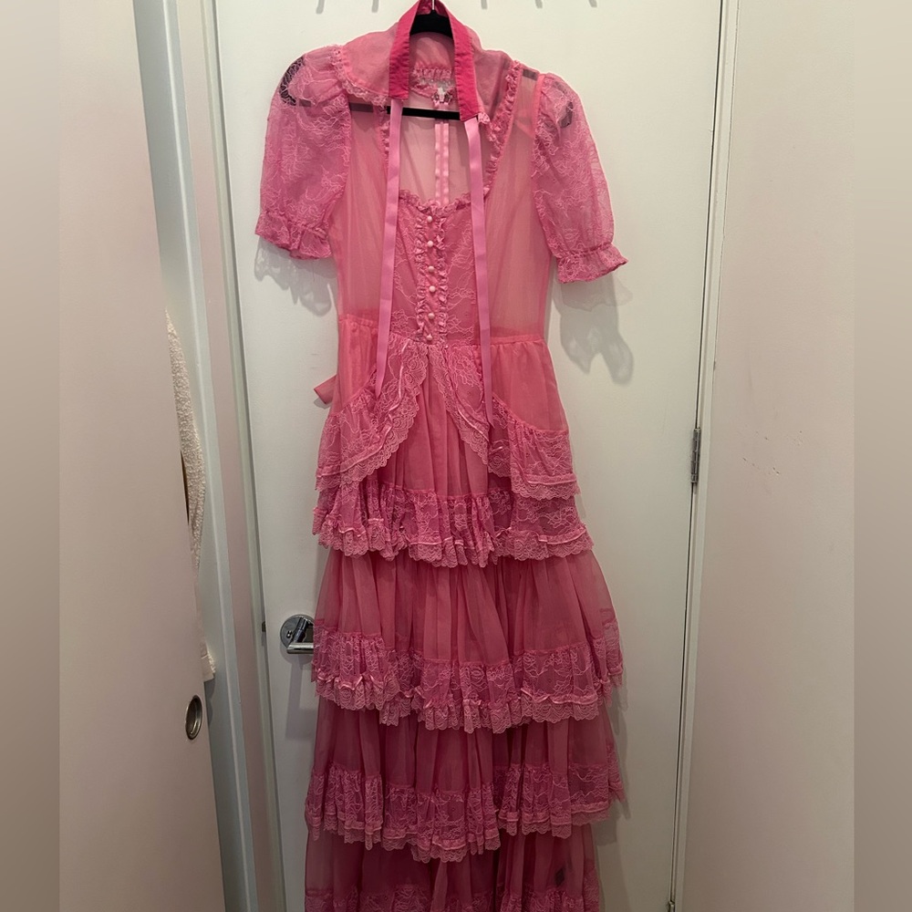 Current Mood Pretty Imperfect Pink Ruffle Layered Lace Maxi Dress
